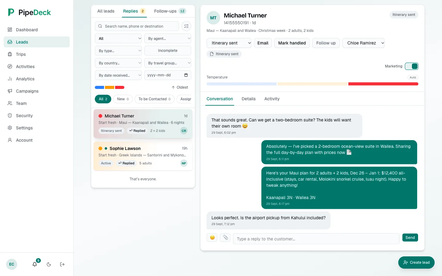 Replies tab listing leads waiting for a reply, with an agent sharing an itinerary and price