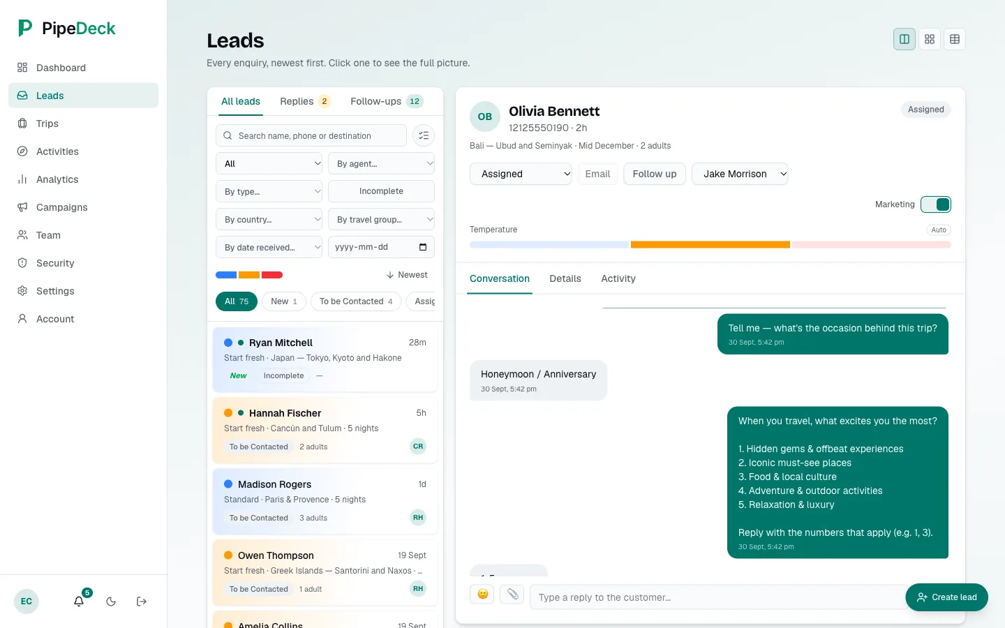 A lead's WhatsApp thread with qualifying questions and answers, beside the lead card with destination, dates, adults, agent and temperature
