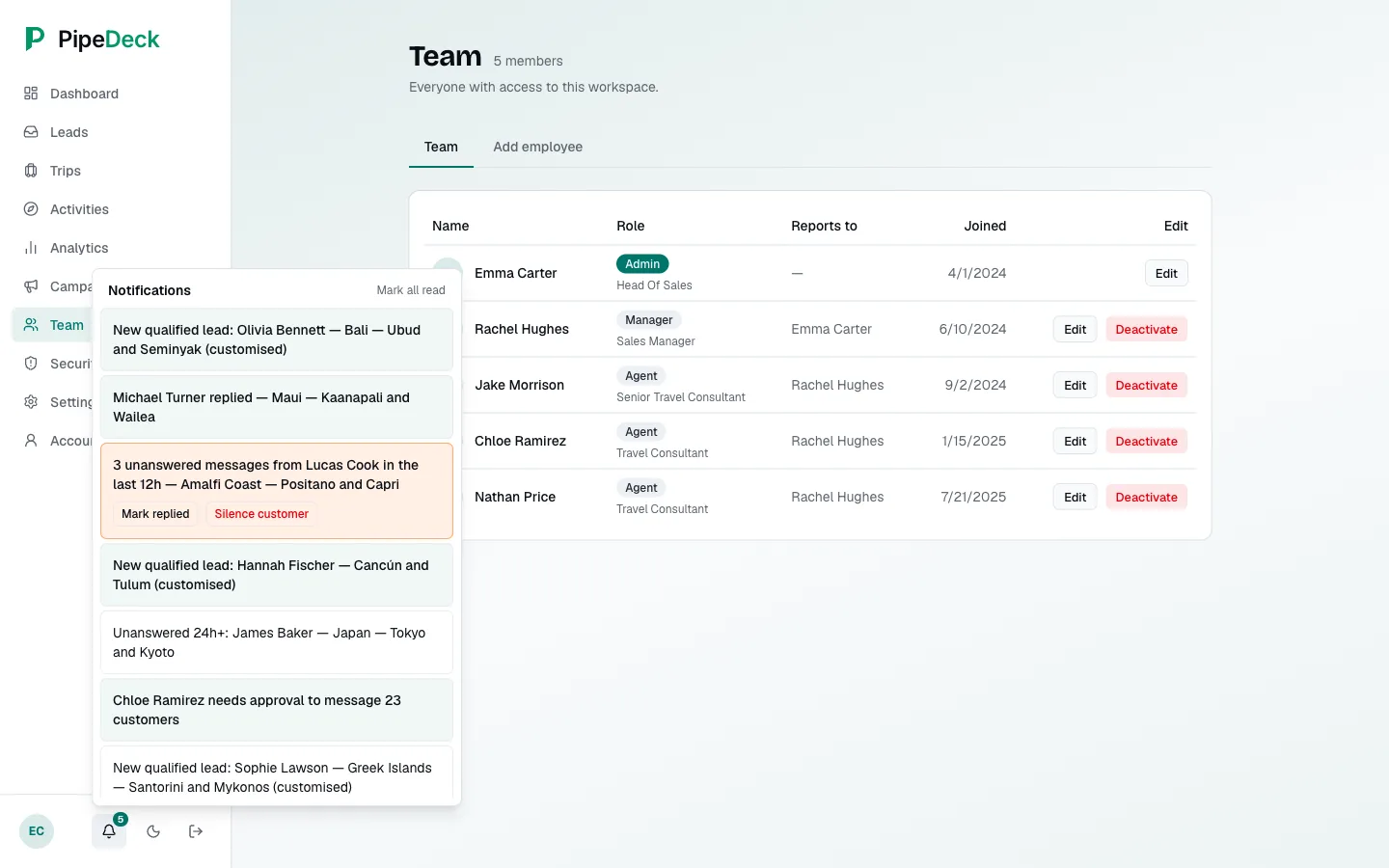 Team screen with roles and reporting lines, beside a notifications panel
