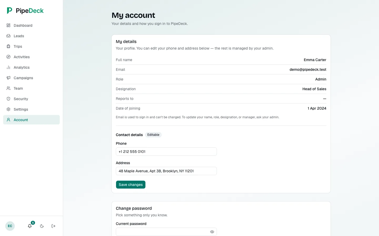 Account page with the person's details (name, email, role, designation, joined), contact details, and an empty change-password form.