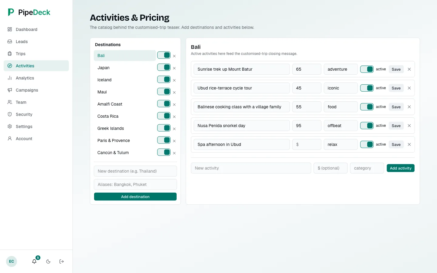 Activities screen with a list of destinations and, for the selected one, activities with a price, a category and an active toggle.