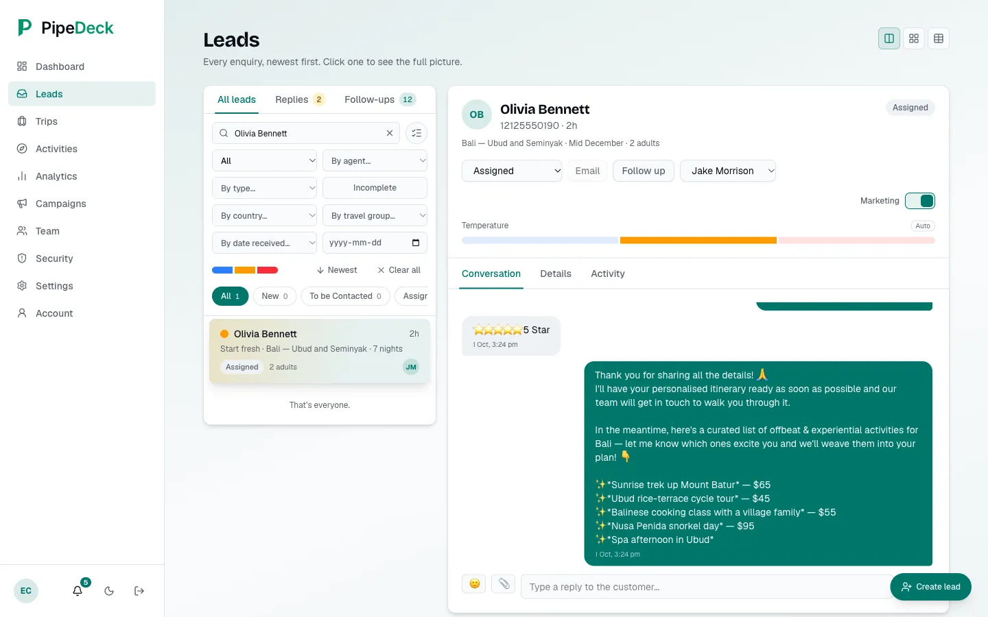 The end of a lead's bot conversation: the customer picks a 5-star hotel, and the bot's closing message lists Bali activities with prices in dollars.