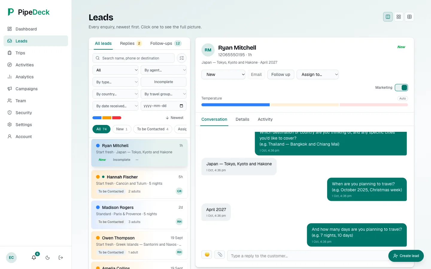 A lead list row marked New and Incomplete, with a conversation that stops at the question about how many days the customer plans to travel.