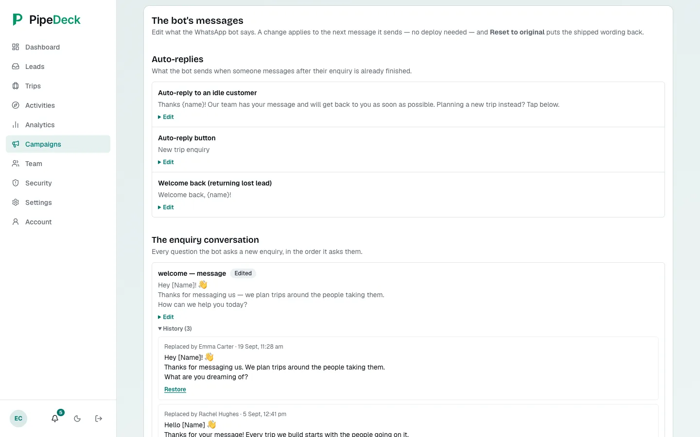 Messages screen with auto-replies and enquiry-conversation groups, a message marked Edited, and its History (3) open, showing earlier versions with who replaced them, when, and a Restore link.