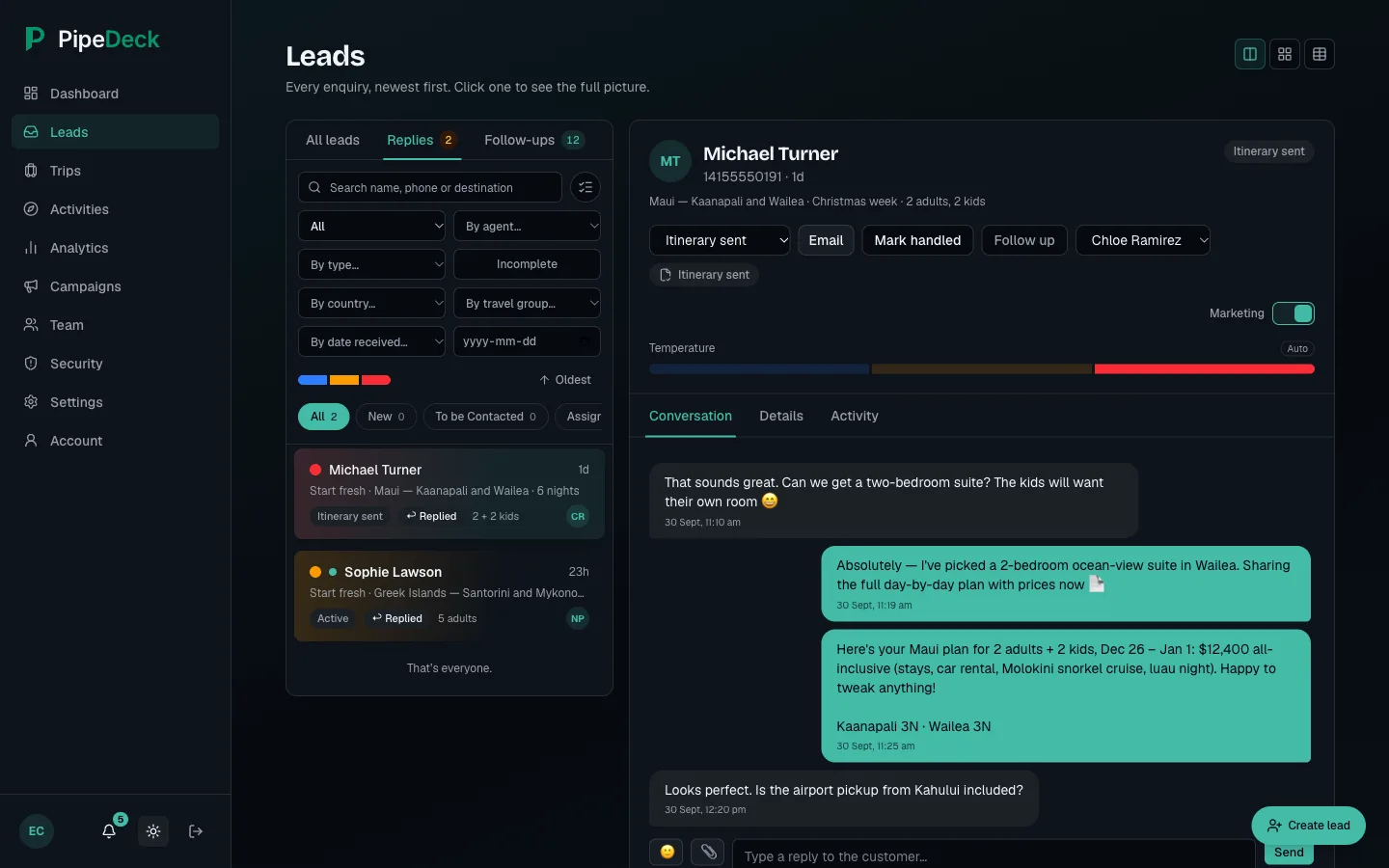 The Replies inbox shown in the dark theme.