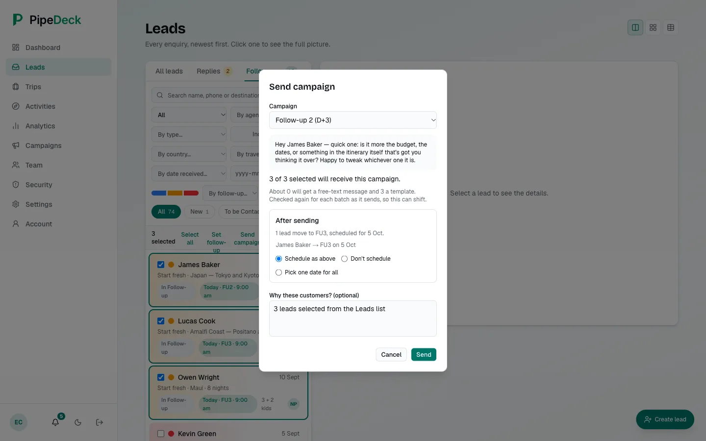 Follow-ups tab with three leads selected, a selection bar with the count, and the Send campaign sheet open with a follow-up campaign chosen, a message preview, the recipient count and options for scheduling the next follow-up.