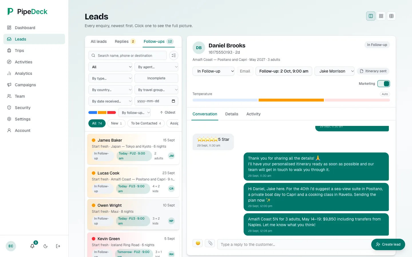 Follow-ups tab with a count, rows showing the due day, follow-up step and time, a follow-up filter, and the open lead's conversation with a plan.