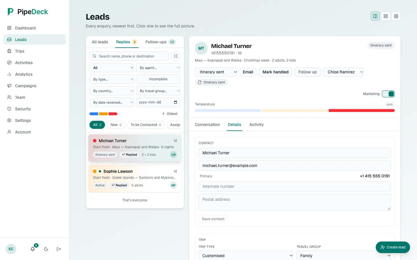 Details tab of a lead with the contact form (name, email, primary phone, alternate number, postal address) and the start of the trip section (trip type and travel group).