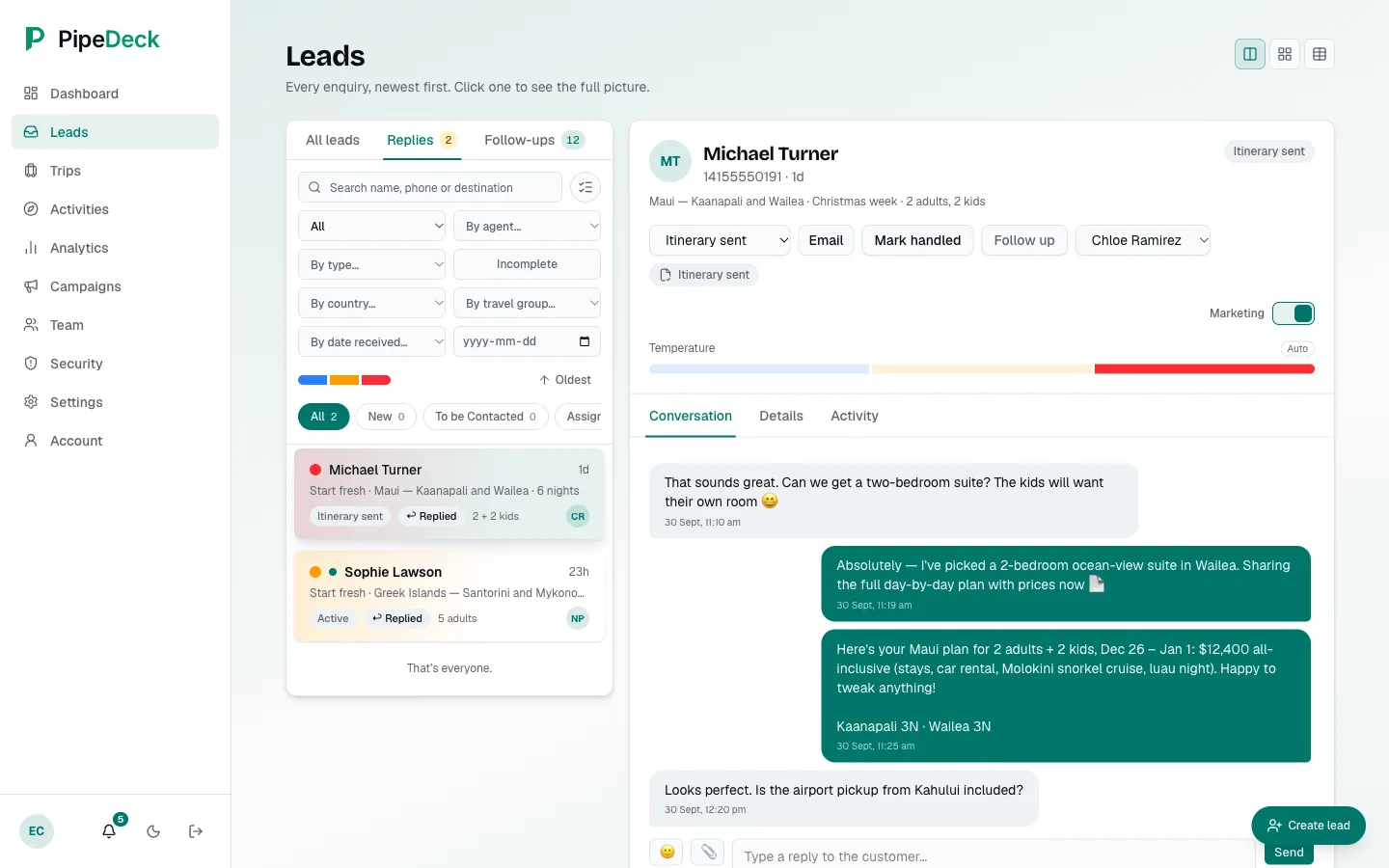 Replies tab with a badge, a list of leads showing status, party and agent initials, and the open lead's conversation with agent messages and a $12,400 plan, beside status, assignment, temperature and follow-up controls.