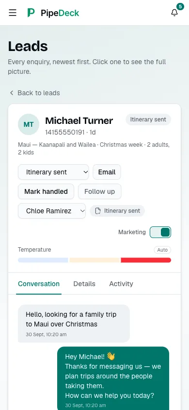 Phone layout with mobile navigation, a lead header and the conversation.