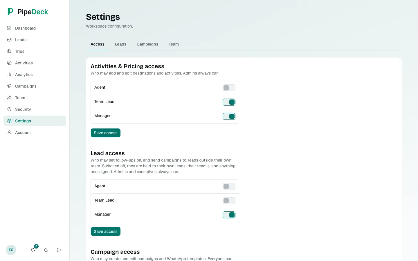 Access tab with per-role switches for Activities & Pricing access and Lead access, each with a Save button.