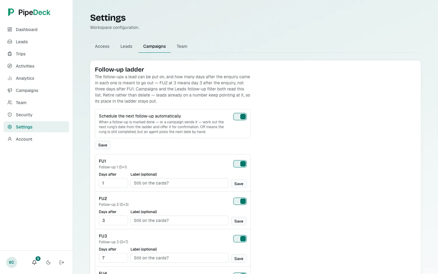 Campaigns settings tab with the follow-up ladder: automatic scheduling of the next follow-up switched on, and the first follow-up steps with their day offsets (1, 3, 7).