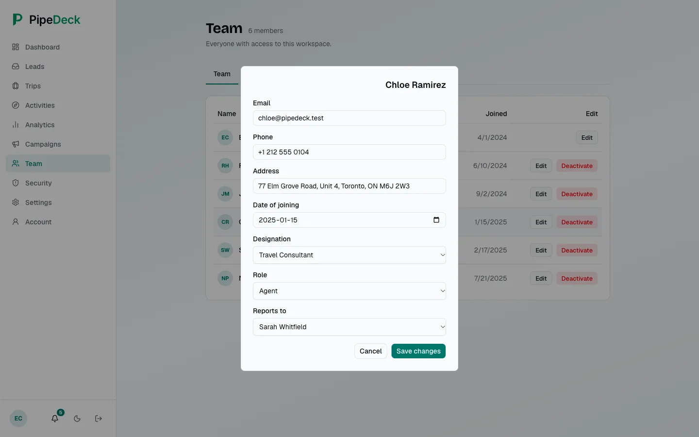A team member's edit panel with email, phone, address, joined date, designation, role and reports-to fields.
